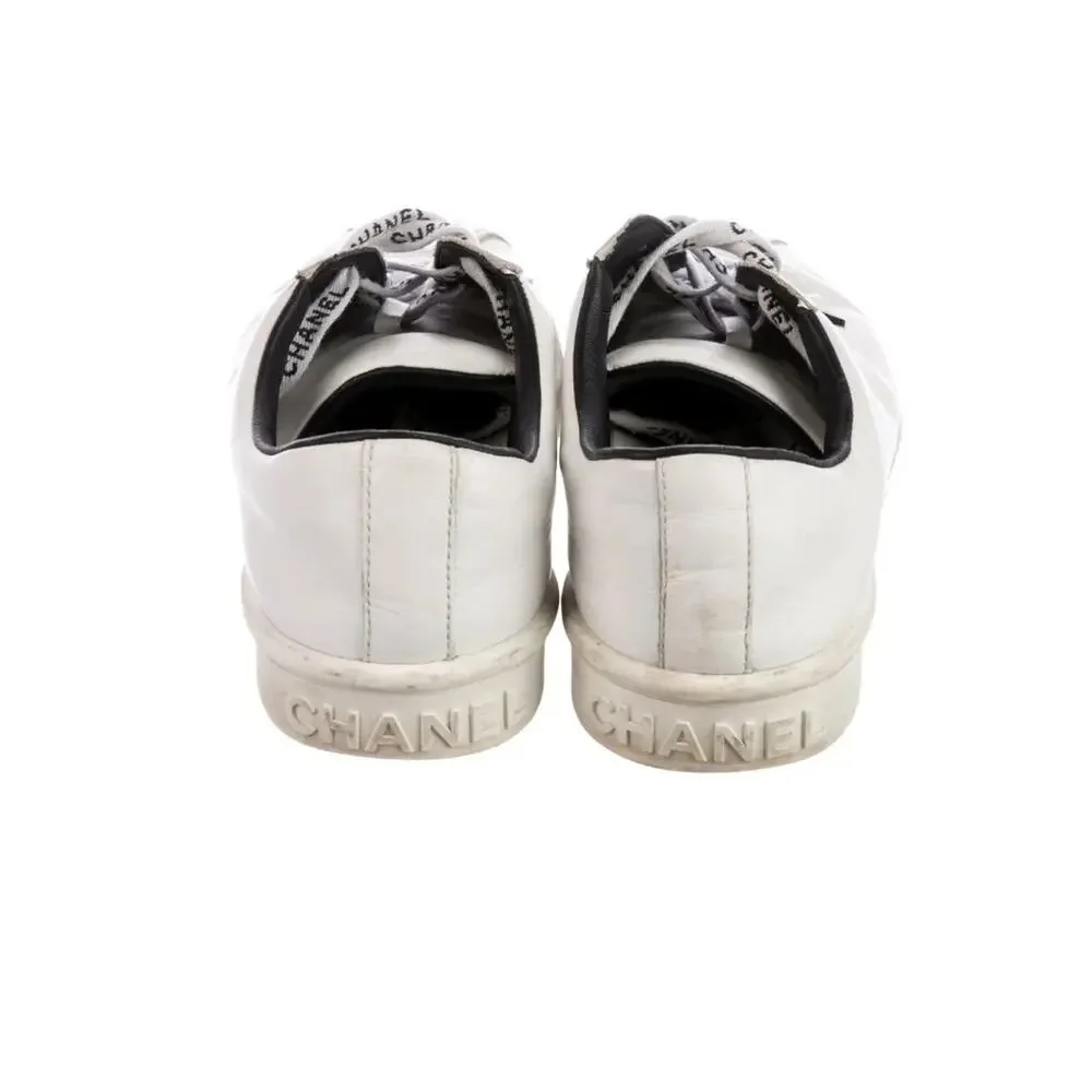 CHANEL CC Logo G34085 White Leather Low Top Lace-Up Sneaker Shoes Size EUR 38